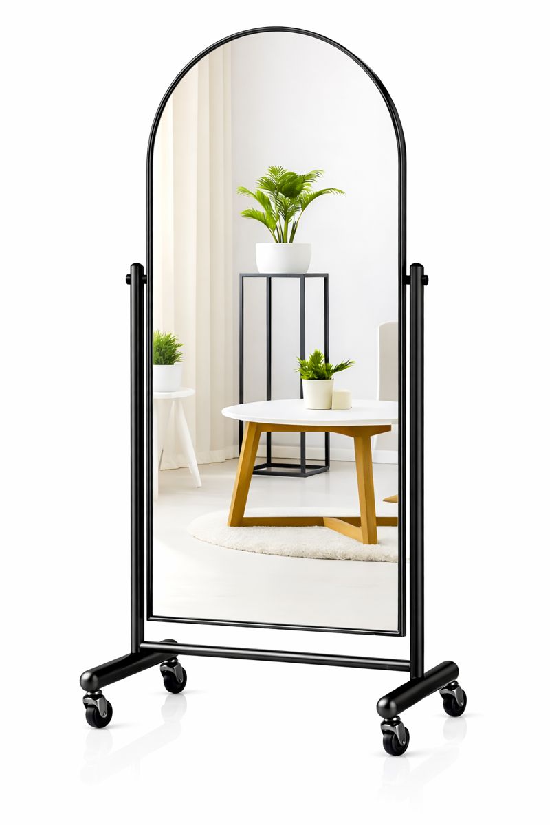 Black arched metal full-length mirror on wheels