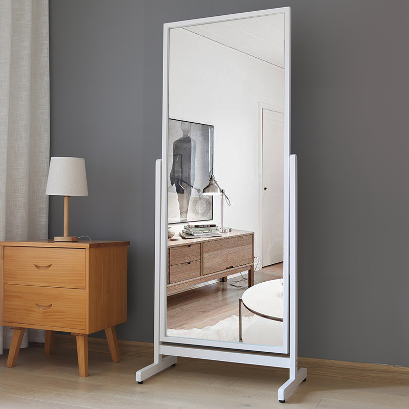 White solid wood full-length movable mirror